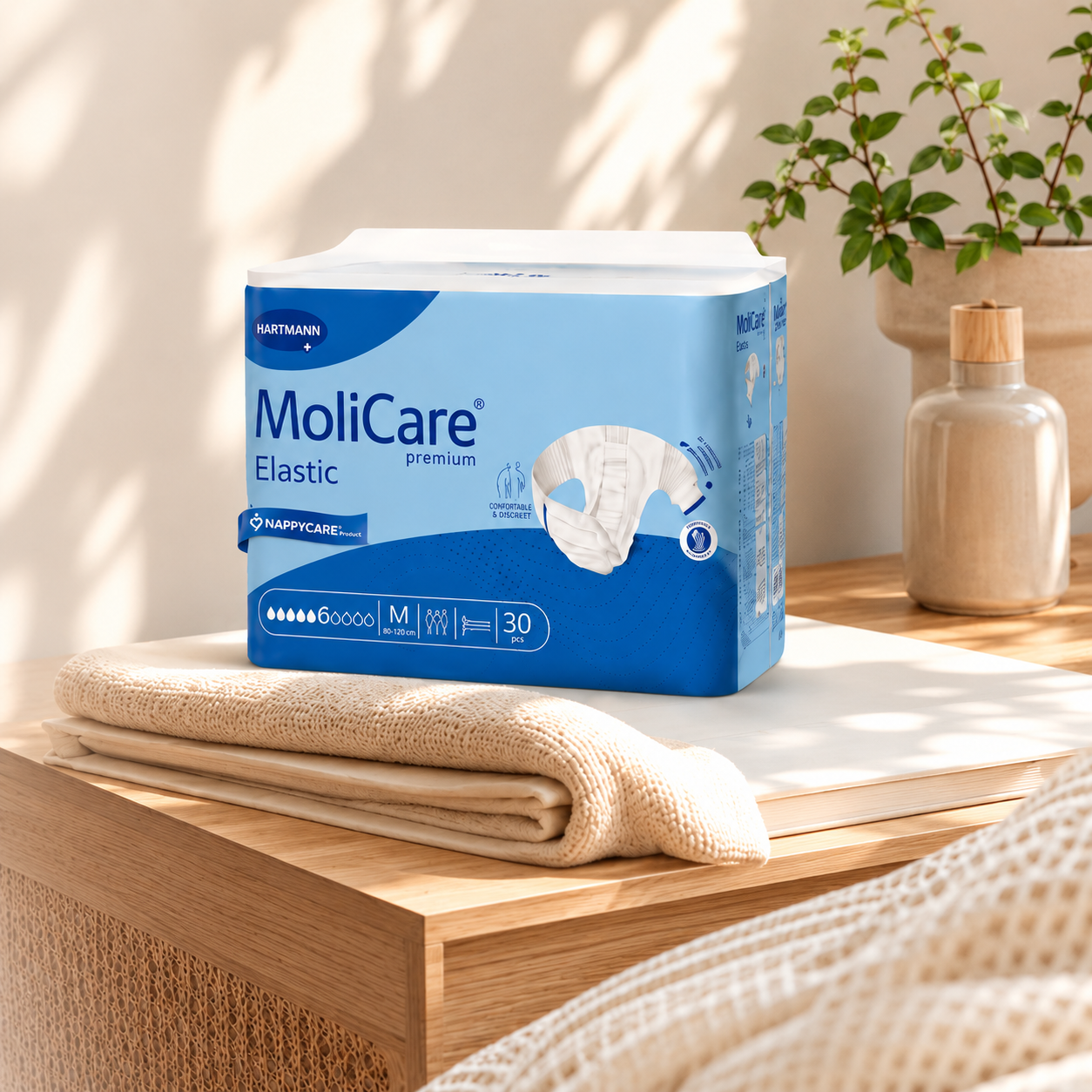 MoliCare Premium Elastic pack on a wooden table beside a plant